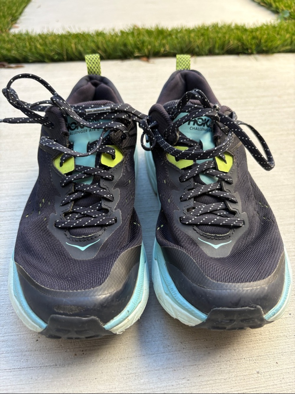Hoka Black Trail Sneakers with Teal and Neon Yellow Accents (size 9)